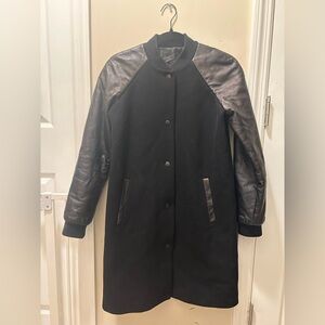 Madewell Women's Sz Small Black Leather Sleeve Varsity Bomber Wool Coat